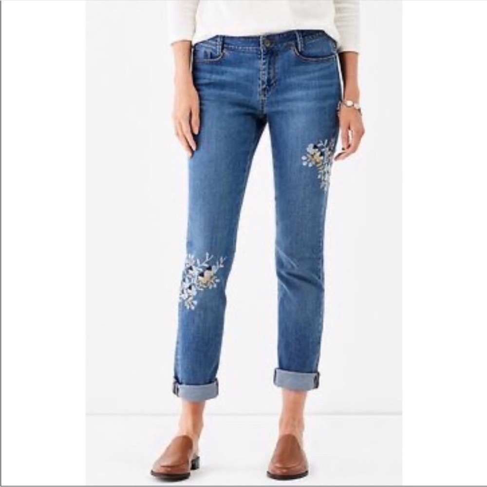 J. Jill Weekender Straight Leg Mid Rise Floral Embroidered Jeans
